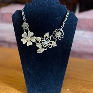 Gold Floral Statement Necklace w/ Crystal Center Detail